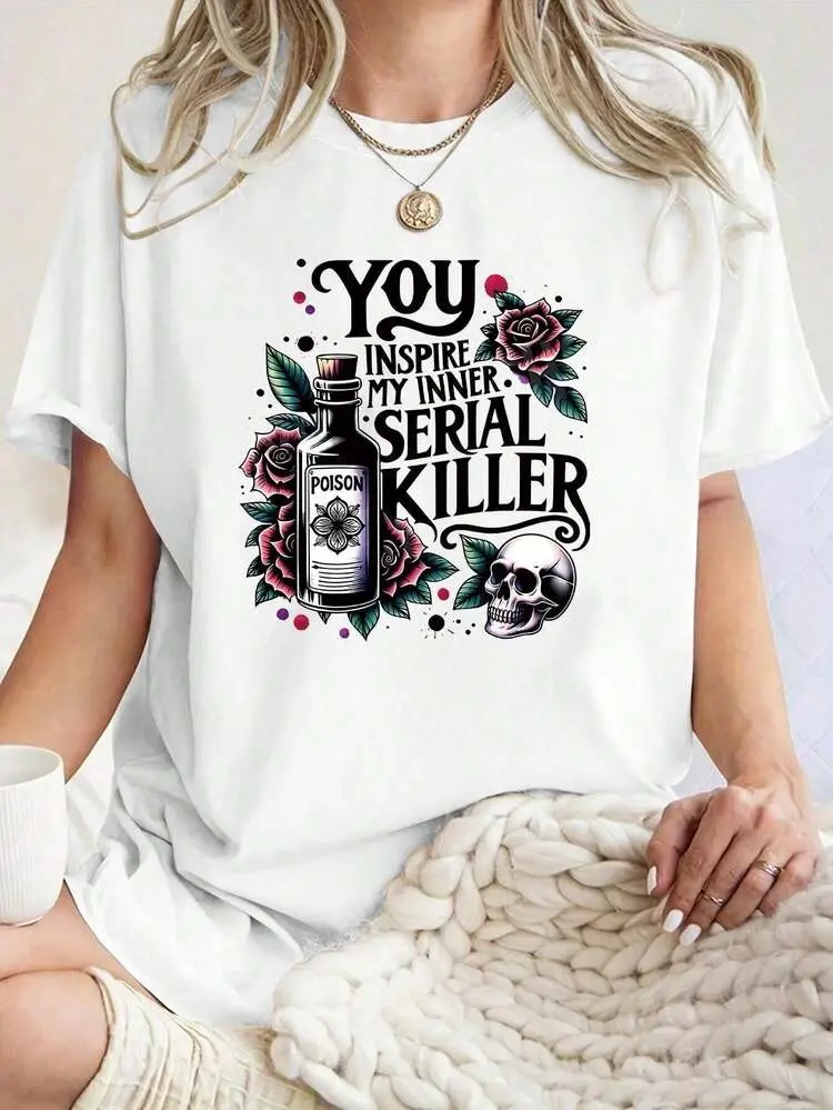 Women's "You Inspire My Inner Serial Killer" Letter Print Vintage Graphic Tees, Cotton Blend Casual Short-Sleeve Hangable Machine Wash Western Tops, Shortsleeve, Breathable, Polyester, Soft, Comfortable, T-Shirt, Valentines Day