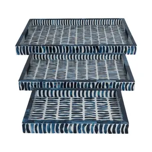 212 MAIN Blue & White Inlay Decor Trays, 13-18-24 in. Set of 3 Home Organiser for Home Supplies Storage, Boxes, Multi-Size