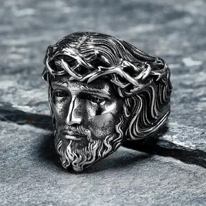 316L Anti-Rust Steel Men's Christian Jesus Face Ring - Punk Rock Religion Amulet Jewelry for Male Bikers, Ideal Gift for Boyfriend, Anti-Rust Steel Rings