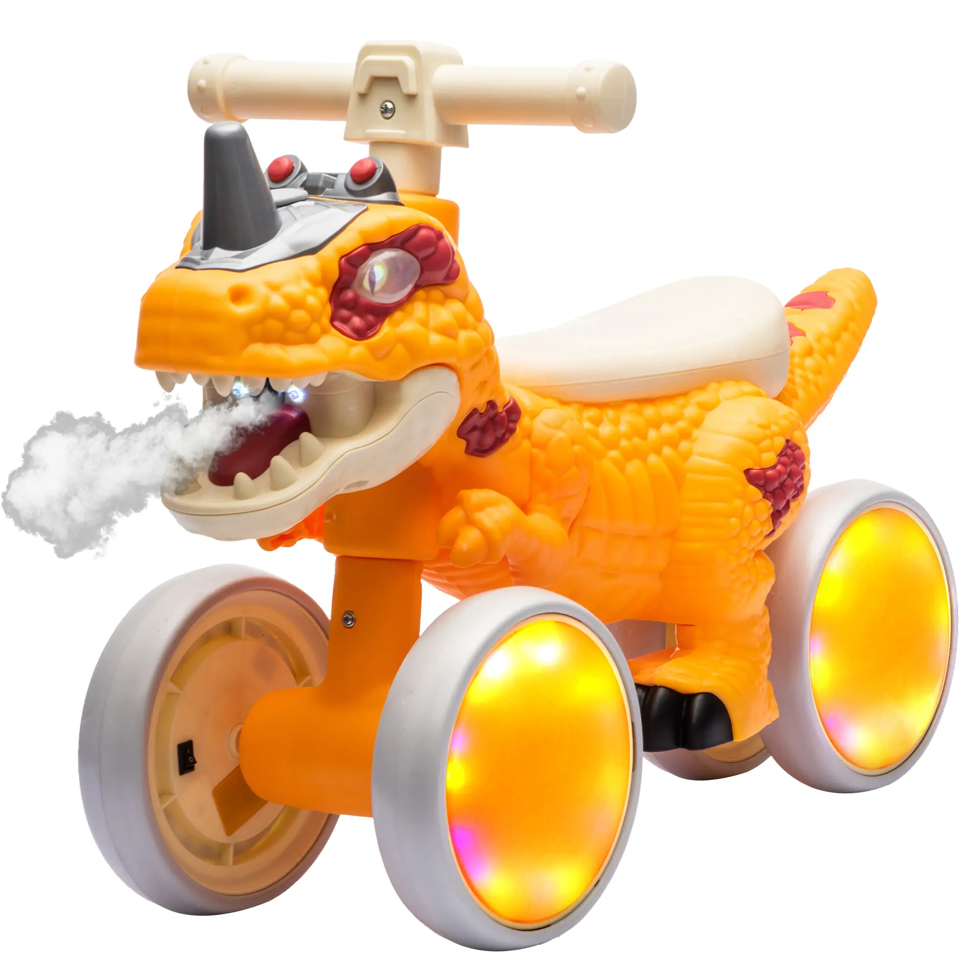 Dinosaur Baby Balance Bike for 1-3 Year Olds, Toddler Ride-On Toy with EVA Tires, LED Light-Up Wheels, LED Light Strips, Music, Mist Spray, Roaring Sound, Easy Assembly, Ideal First Birthday Gift