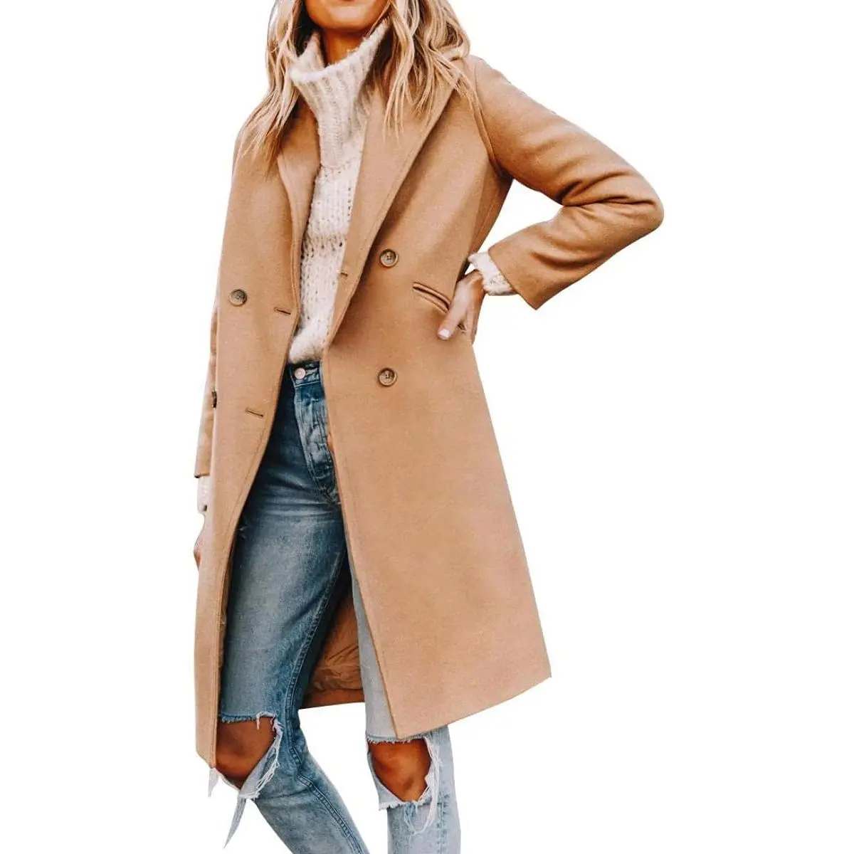 Women's Double-Breasted Wool Blend Pea Coat - Long Sleeves, Notched Lapel, Pockets, Knee-Length Winter Overcoat, Trendy Fall Jackets with Buttons, Trending, Solid, Wool & Pea Coats, Lightweight