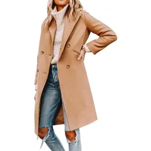 Yousify Women's Notched Lapel Collar Double-Breasted Long Sleeve Solid Wool Pea Coat, Winter Fitted Outerwear Trench with Pockets