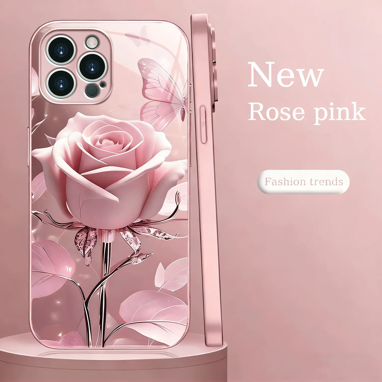 Glam Pink Rose Butterflies Hyperrealism TPU Smartphone Cover - Waterproof, Shockproof, Anti-Slip Unisex Cellphone Accessory for iPhone 13-17 Series, All-Season Protection (Mixed Colors 1)