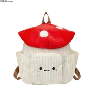 Cute Mushroom Plush Top Backpack, Kawaii Corduroy School Bag with Smiley Face, Perfect for Teens, Casual Outings & Adding Whimsical Cottagecore Vibes to Your Day