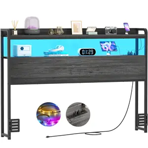 Aheaplus Headboard for Bed Frame, Headboards with Outlets, 4 USB Ports and LED Light, Head Board with Storage, Height Adjustable, Sturdy and Stable Headboard