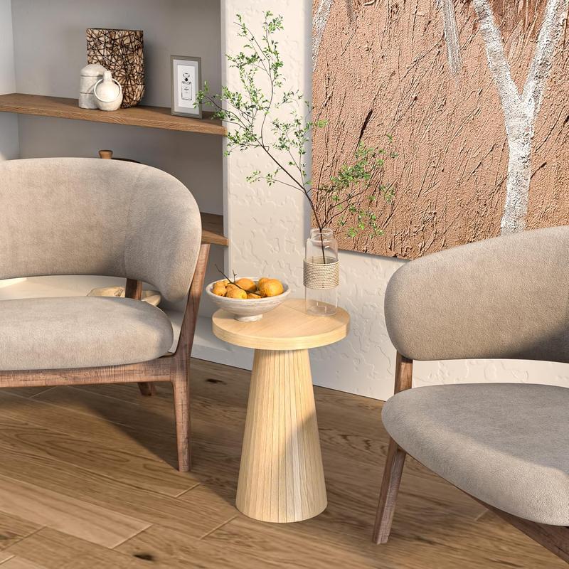 Round Fluted Accent End Table, Drink Small for Living Room, Mid Century Modern Night Stand, Circle Bedside Table, Wood Nightstands for Bedroom