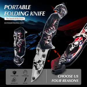 1 cool folding knife with 3D pattern design, suitable for outdoor barbecues, camping and fishing. Red and black