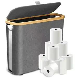 Multifunctional Toilet Paper Storage Basket with Lid, Slim Freestanding Waterproof Oxford Toilet Paper Basket Organizer Holds 12 Rolls, Foldable Bin with Window, Keeps Rolls Clean & Dry, Easy Carry