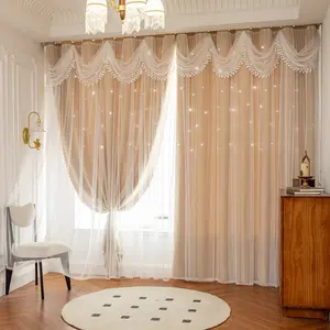 1pc French Vintage Lace hollow Star blackout Curtain, Window Curtain, Romantic Lighting Effect, Top Ring Hanging, Suitable for Living Room Bedroom Balcony