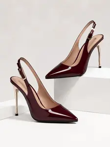 Brown Burgundy PU Patent Leather Women Heels Strappy Slingback Stiletto Pointed Toe 4.13 Inch High Heel Dress Pumps Comfortable Wide Fit Soft Cushioned Non Slip Elegant Shoes for Office Wedding Cocktail Party Evening and All Occasions