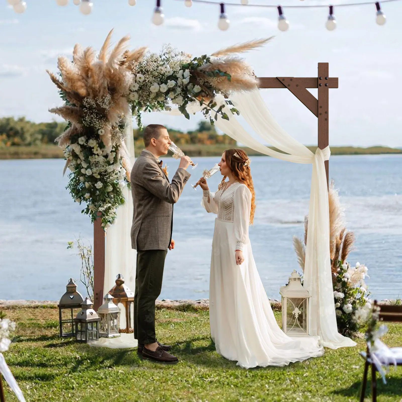 7.48FT Square Wooden Wedding Arch - Wood Arbor Backdrop Stand for Ceremony, Proposal, Party, Garden, Beach, Forest, Indoor and Outdoor Decorations Banners