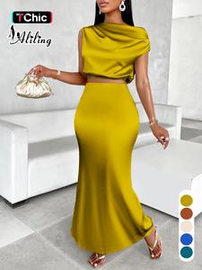 aliling women's solid color crop top & mermaid skirt satin two-piece set, elegant fashion casual top & skirt for daily outdoor wear, ladies outfits for summer
