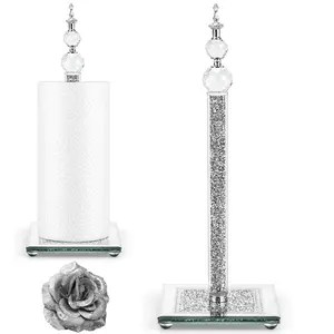 Crystal Paper Towel Holder, Bling Silver Paper Towel Roll Holder, Decorative Standing Paper Towel Holder for Kitchen Countertops Bathroom, Paper Towel Dispenser with Weighted Base (Square/Silver)