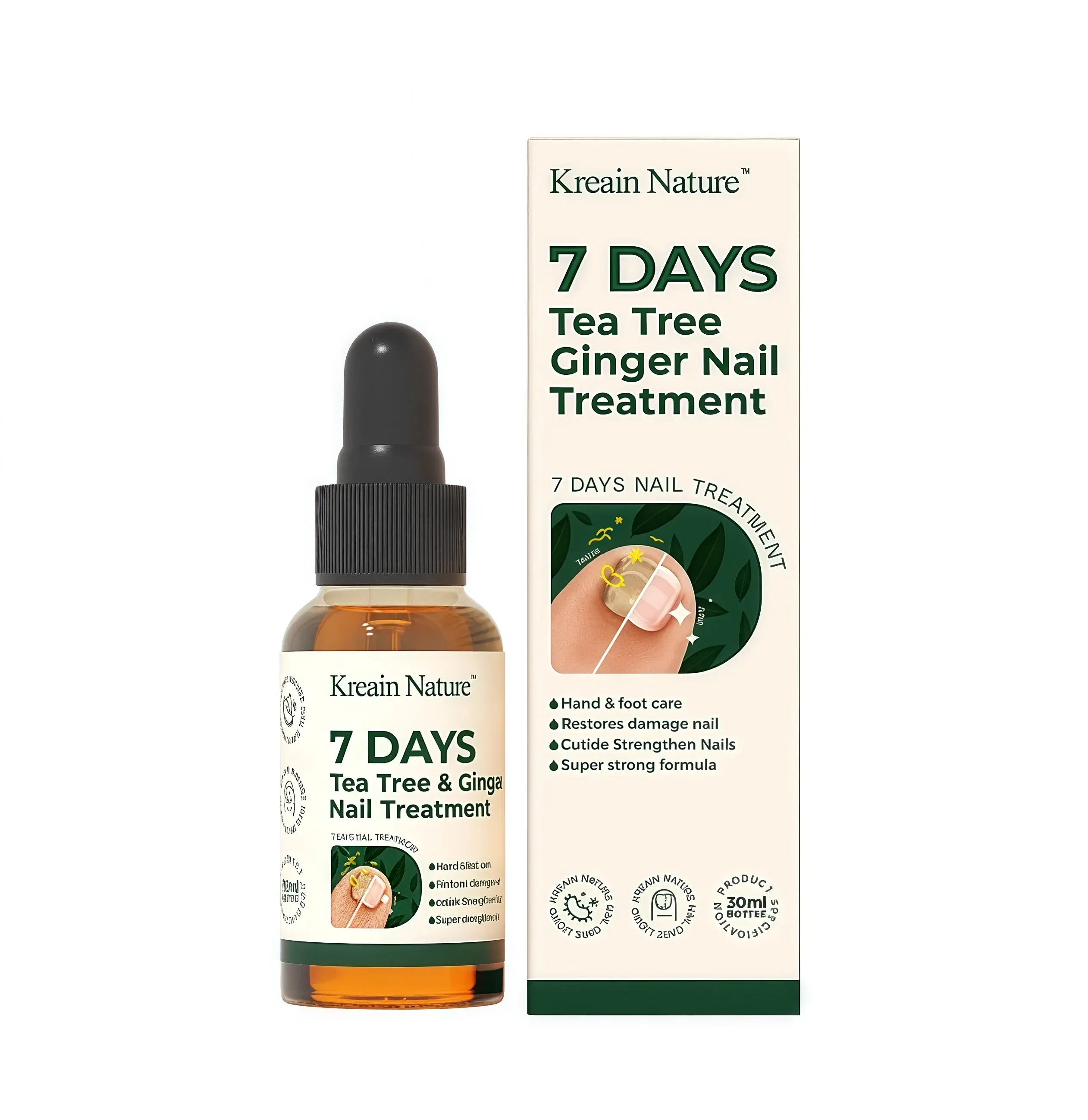Kreain Nature 7 Days 30ml Anti-Fungal Nail Care Serumwith Tea Tree & Ginger Oil , Nail Repair Serum for Damaged & Discolored Nails, Strengthener for Toenail & Fingernail Care,Eliminates Fungus,  Restores Natural Color, Fast-Drying,Waterproof, Repairs back