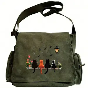 Large Capacity  Cute Shoulder Bag, Flap Vintage Tote Messenger Bag, 4 Cats Sitting On Stone Table Pattern Crossbody Bag, Laptop Bag, Suitable for Various Occasions Like Shopping, Travel, Dining, Perfect Gift for Pet Lovers