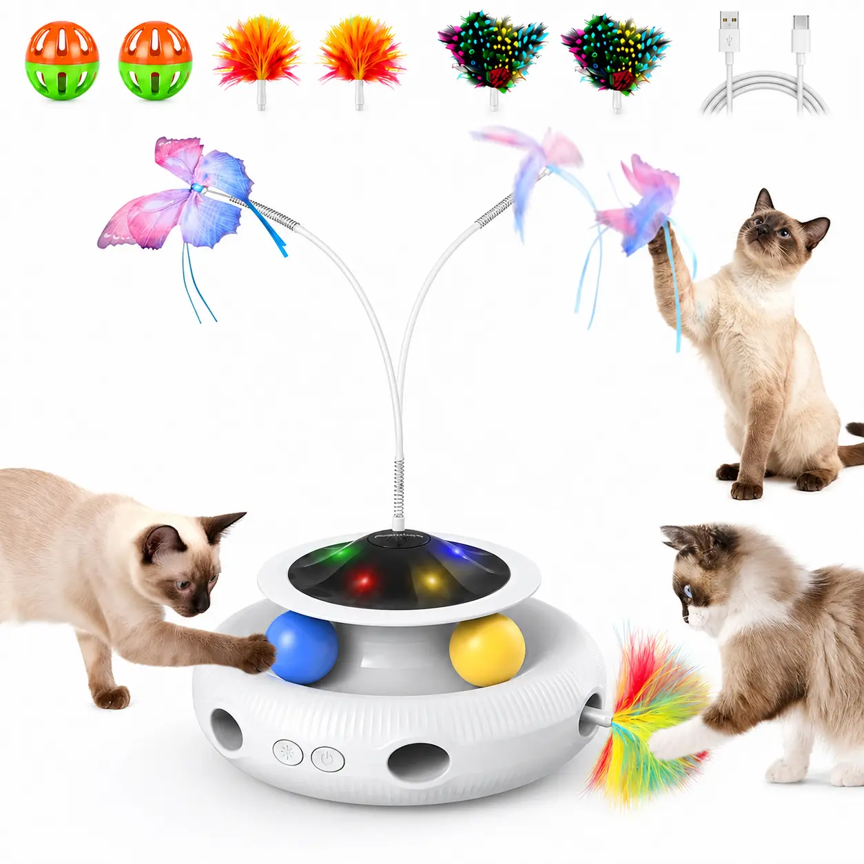 Pawtners 4-in-1 Rechargeable Cat Toy for Indoor Cats - Non-Toxic Automatic Interactive UFO Toy with LED Lights, Light Chase Game, Feather Attack, Fluttering Butterfly & Stress-Reducing Exercise Activity, Automatic Rolling Ball, Reduces Stress