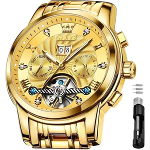OLEVS Men's Automatic Mechanical Watches Luxury Dress Waterproof Self Winding Moon Phase Chronograph Stainless Steel Luminous Date Tourbillon Wristwatch for Men