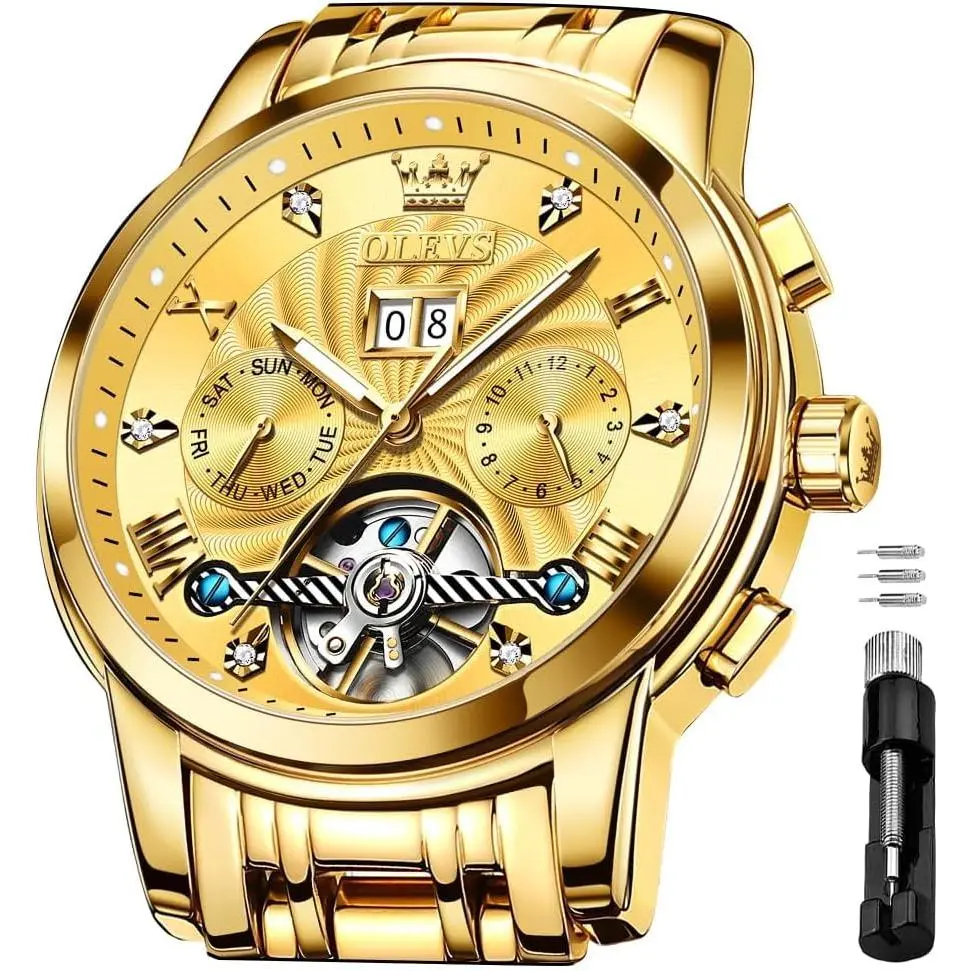 OLEVS Men's Automatic Mechanical Watches Luxury Dress Waterproof Self Winding Moon Phase Chronograph Stainless Steel Luminous Date Tourbillon Wristwatch for Men
