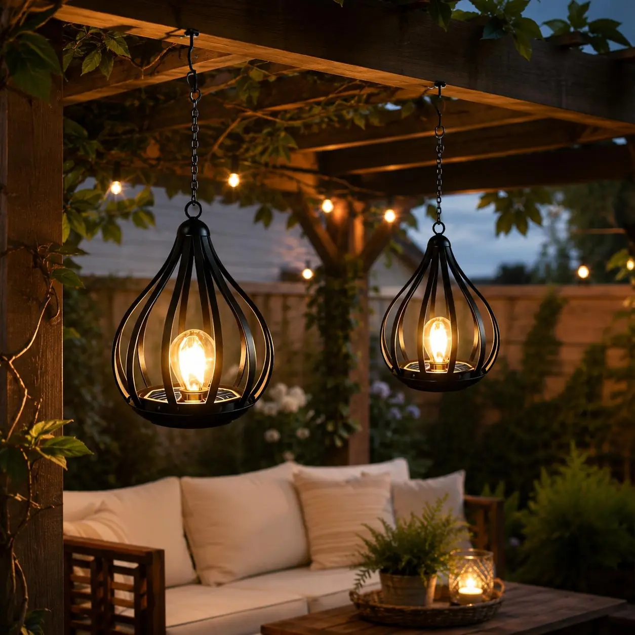 2 Pack Solar Hanging Lantern Outdoor Waterproof Garden Light, Vintage Cage Design Decorative Lamp with Auto On/Off