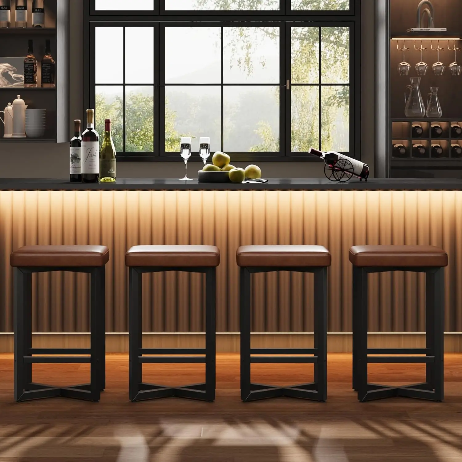 Gaomon Backless Bar Stools Set of 4, 24.6 in Counter Height, Upholstered PU Leather Seats, Metal X-Frame with Footrest, Modern Kitchen Stools for Home Bar & Dining Room, Brown with Space-Saving Dining Table Compatibility, Space-Saving Dining Tables