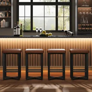Bar Stools Set of 4 24.6 inch Counter Height Backless Barstools Upholstered PU Leather Seats with Metal X-Frame Footrest Modern Kitchen Stools for Home Bar Dining Room Brown