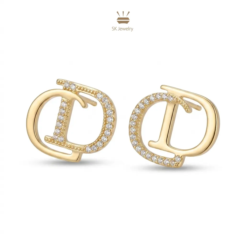 14K Gold Plated Initial Stud Earrings for Women – Luxury CZ Letter Earrings Fashion Jewelry