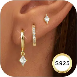 YADOCA 3 Pairs 925 Sterling Silver Earrings for Women 14K Plated Gold Stud Huggie Hoop Earring 5A Zirconia Gold Earrings Stacks Hypoallergenic Cartilage Earring Set for Multiple Piercings Jewelry Gift