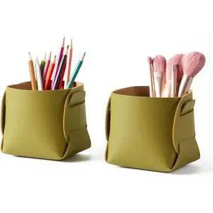2-Pack Cork Leather Desk Accessories Storage - Pencil Pen Holder - Makeup Brush Holder Organizer - Stylish Addition to Home Decor (Olive Green)