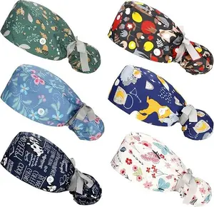 Pack of 6 Scrub Caps for Women with Buttons, Adjustable Bouffant Surgical Caps with Ponytail Holder, Cotton Nurse Hatss Suitable for Work or Beauty Spa, Fitness, Chefs, Facials, Home Protection, Cooking, etc.