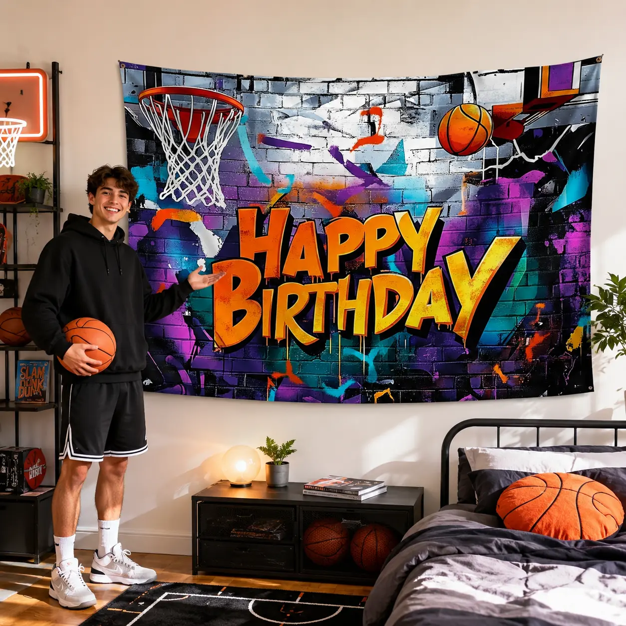 Lightweight Polyester Basketball Court Art Tapestry Wall Hanging, Sports Theme Backdrop for Boys Teens’ Bedroom Dorm, Birthday Party Photo Banner Decor (Home & Festive Party Supplies)