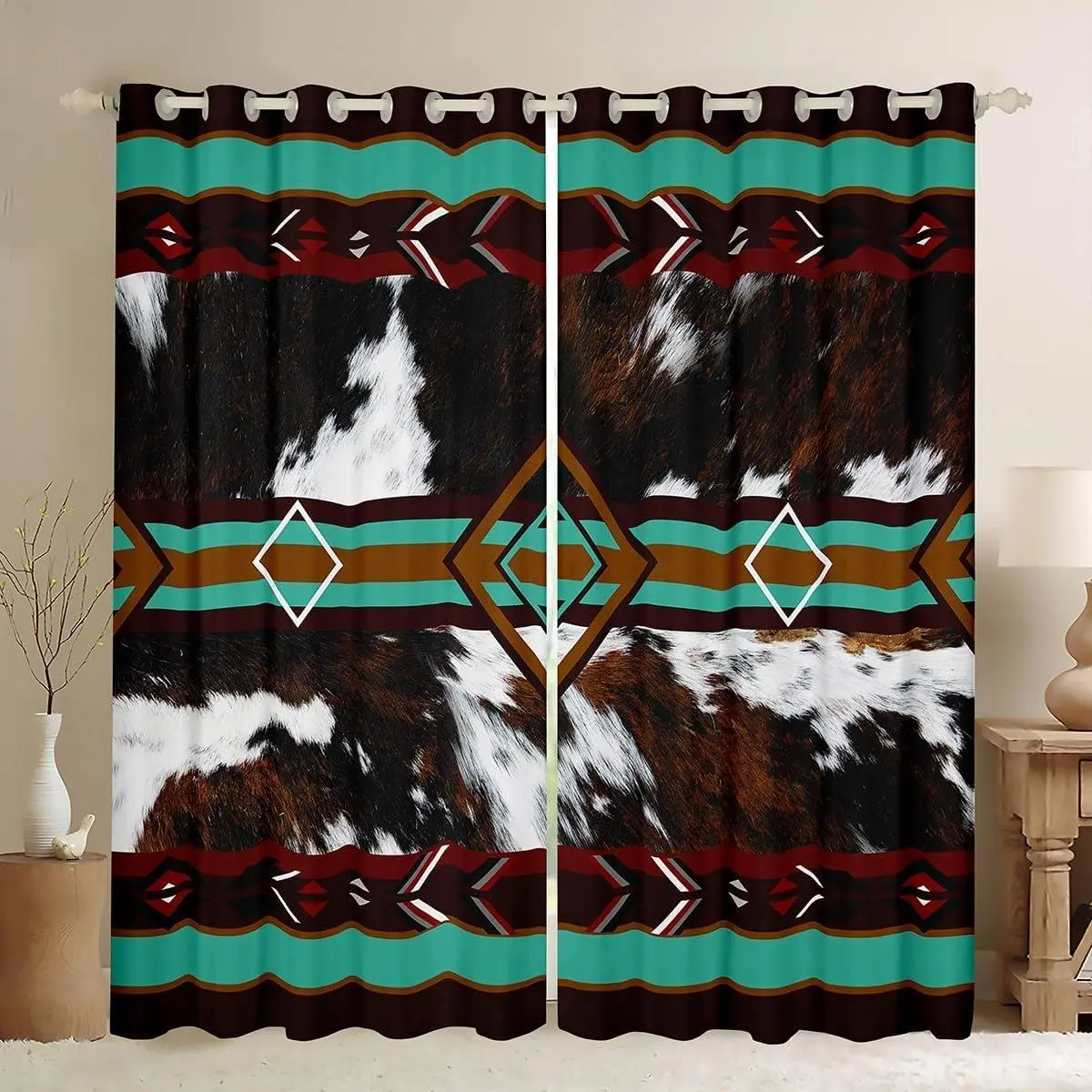 Western Farm Animal Skin Curtains for Bedroom Living Room Cowhide Blackout Shades Cow Fur Print Room Darkening Curtain Farmhouse Window Treatments,2 Panels Green Brown White