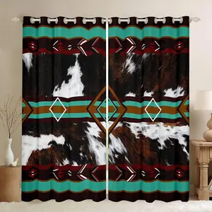 Western Farm Animal Skin Curtains for Bedroom Living Room Cowhide Blackout Shades Cow Fur Print Room Darkening Curtain Farmhouse Window Treatments,2 Panels Green Brown White