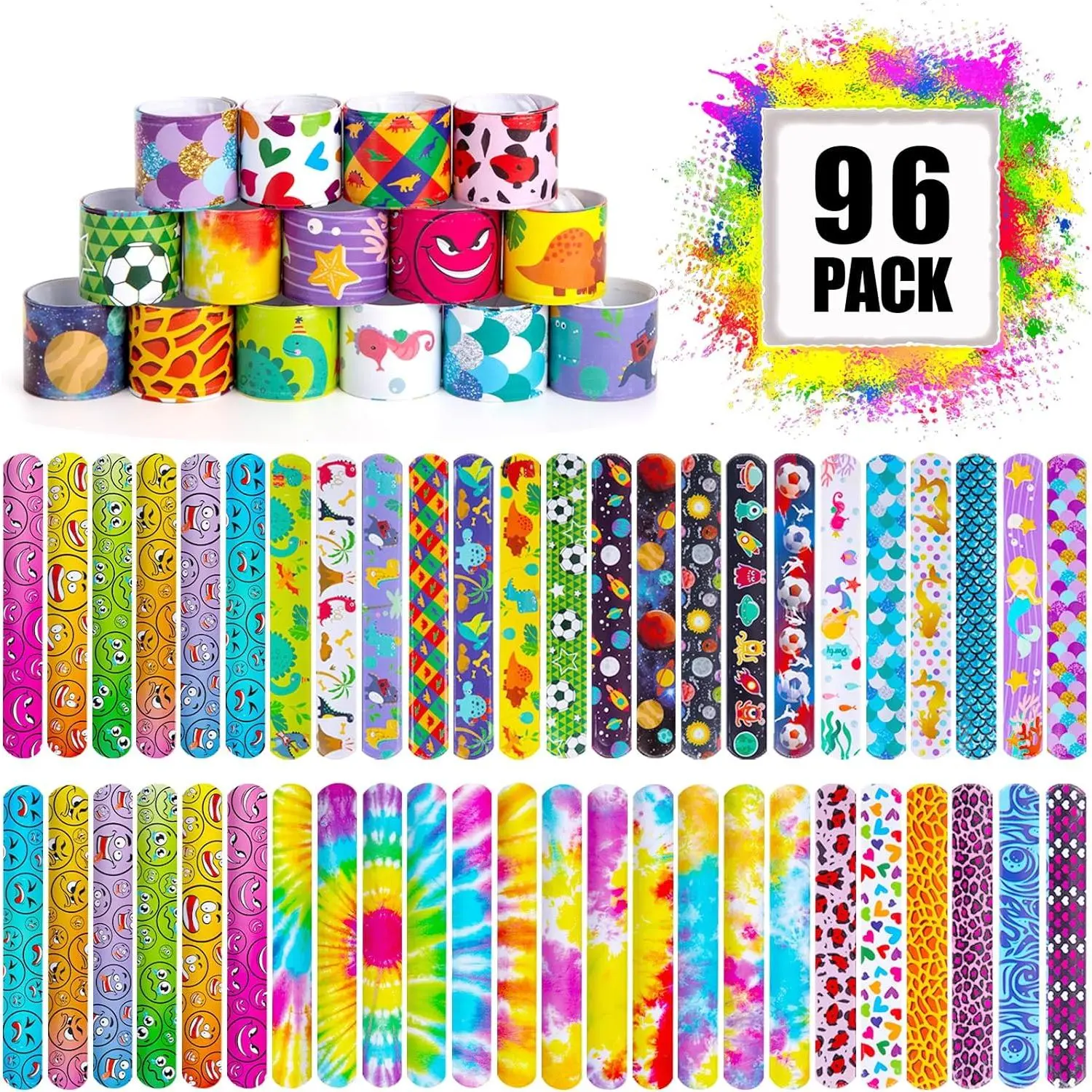96PCS Slap Bracelets Bulk, Kids Slap Wristbands Snap Bracelets Tie Dye Dinosaurs Mermaid Emotions for Party Favors Classroom Prizes Kids Birthday