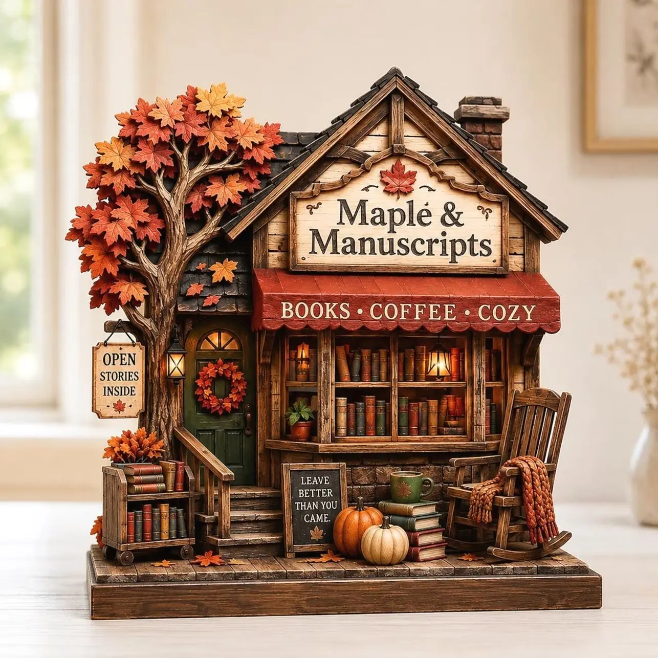 Personalized Wooden Bookshop Wooden Block, Custom Autumn Book House Sign, Fall Library Shelf Decor, Cozy Coffee Bookstore Gift, Rustic Home Decor