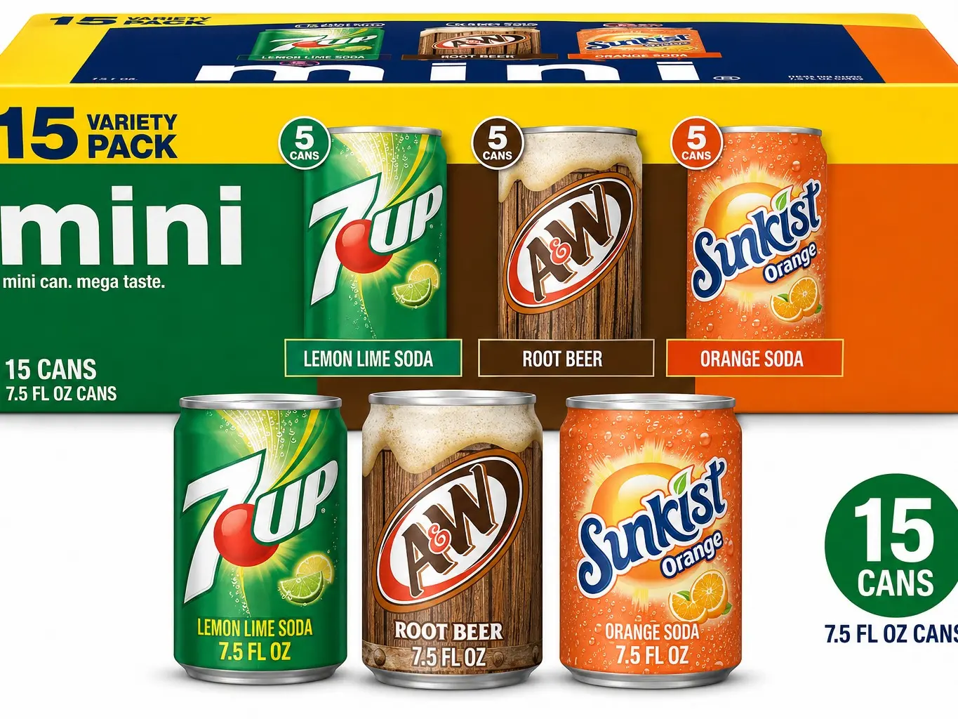 7UP, A&W Root Beer & Sunkist Soda Variety Pack – 15 Pack of 7.5 fl oz Mini Cans | Refreshing Soft Drink Assortment for Parties, Lunches & Family Gatherings