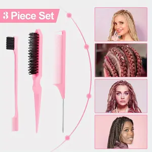 3pcs Slick Back Hair Brush with Rat Tail Comb, Edge Brush, Bristle Brush, Teasing Brush Set for Sleek Ponytail/ Bun, Edge Control and Smoothing Baby Hair & Flyaways - Pink