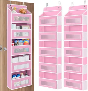 Door Hanging Storage Rack - 5+5 Pockets for Everyday Storage with 5 Large Clear & Mesh Side Pockets for Bedrooms Bathrooms & Food Storage Rooms Pink Organizer Set Installation Hangable 10 - 15 Kg Capacity