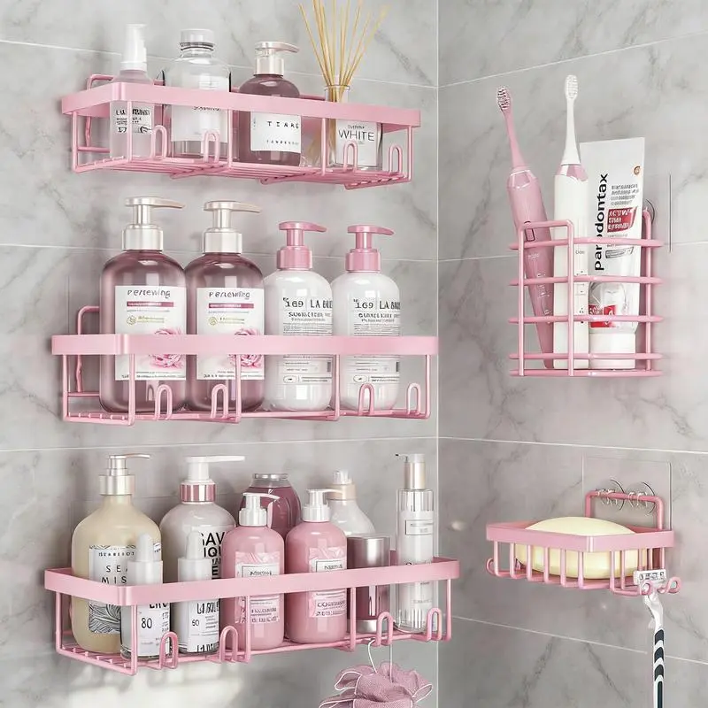 Name 5-Piece Rust-Proof Stainless Steel Shower Shelf Storage Set with Soap Dish Drill-Free Installation Wall-Mounted Powder-Coated Finish Ideal for Home or Rental Bathrooms Black Shower Shelf