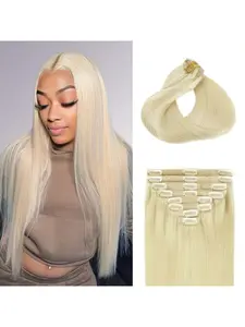[Virgin Hair Extensions] 8pcs Set Blonde #613 Clip -In Human Hair Extensions for Women Soft Natural Straight Double Lace Weft, Seamless & Breathable With 18 Clips Included, Real Hair Extensions, For Daily Styling Or Special Occasion