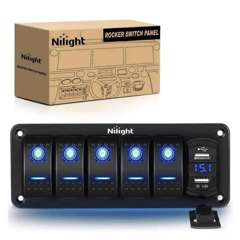 Nilight 1 x 5-Gang Pre-Wired Wiring Harness Aluminum 5-Pin ON/OFF Blue Rocker Switch Panel with 4.8A Dual USB Charger, Voltmeter for Boats, Cars, Trailers, Yachting