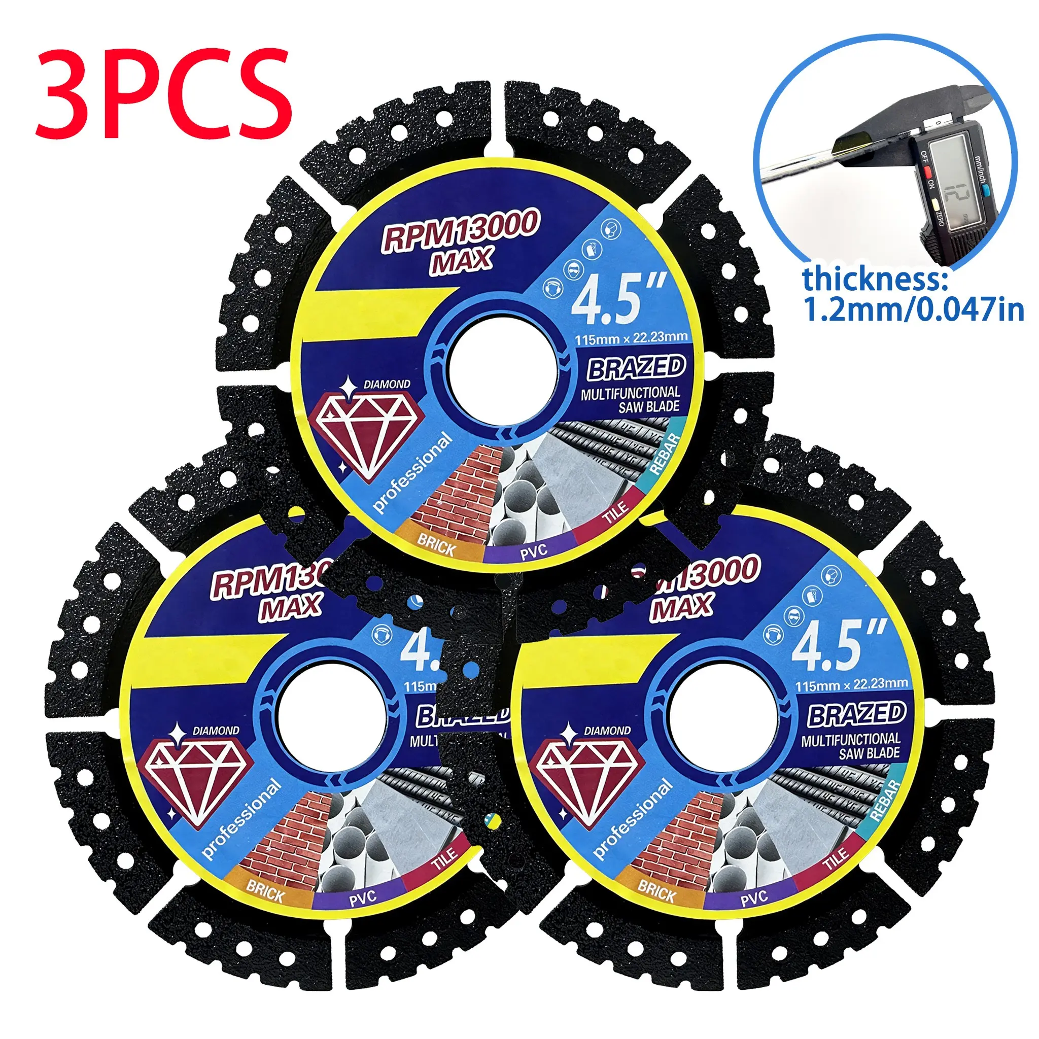 3pcs Multi-Functional Brazed Abrasive Cutting Discs, Precision Metal Cutting Blades, 115x22mm, Suitable for PVC, Iron, Stainless Steel, Aluminum, High Carbon Steel, Tile