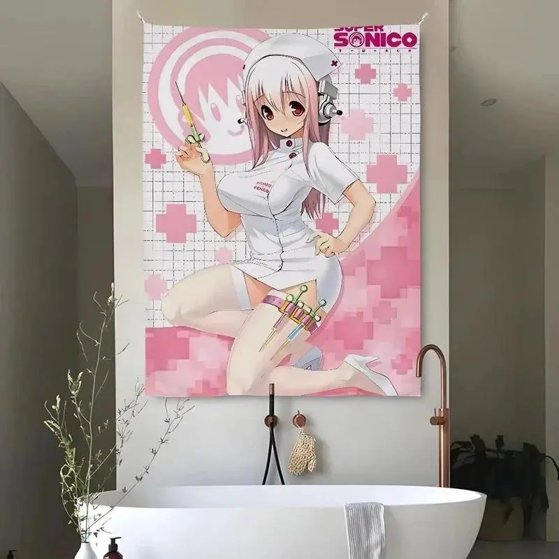 Cartoon Girl Soft Art Tapestry, Pink Angel Nurse Anime Mural, Fabric Wall Hanging for Study, Bedroom, and Living Room Wall Decor