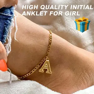 FindChic Embossed 26 Large Letter Charms Anklet Initials Adjustable A-Z Alphabets Figaro Chain Bracelets Beach Summer Foot Jewelry Unisex For Women Girlfriend Birthday Anniversary Wedding Valentine's Day Christmas Holiday Gift