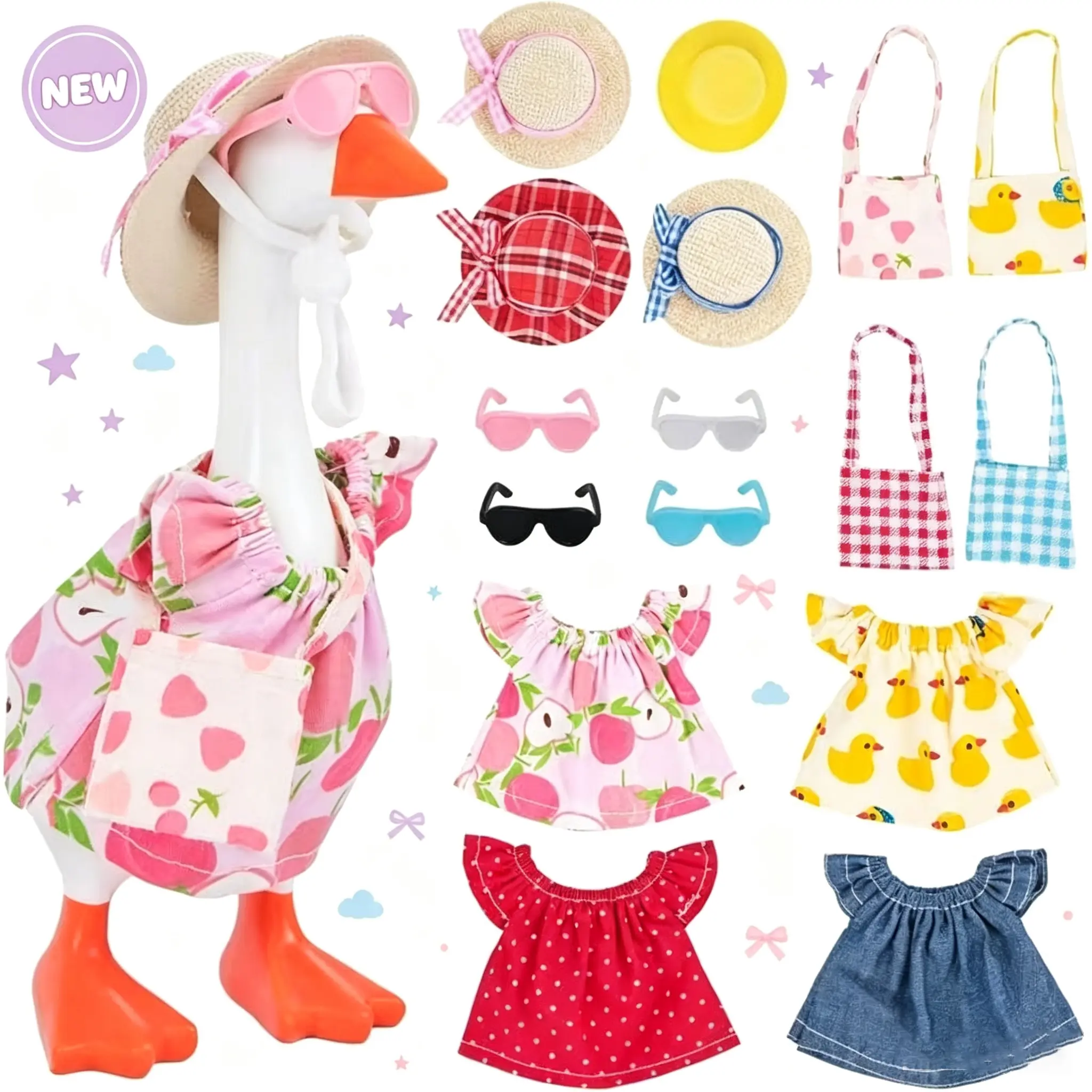 4 Sets Mini Desk Goose Summer Outfits, Clothes for 7 Inch Desktop Goose Figurine, Dresses, Straw Hats, Sunglasses  Mini Tote Bags, Cute Home Office Desktop Decor, Goose Figurine Not Included
