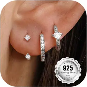 3Pairs 925 Sterling Silver Earrings for Women, 14K Gold Plated Small Huggie Hoop Earrings Sets for Multiple Piercing Hypoallergenic, CZ Cartilage Earrings Stacks Trendy Earrings Jewelry Gifts