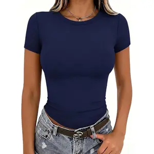 Women Crewneck Slim Fitted Short Sleeve T Shirts Cute Stretchy Bodycon Basic Tee TopsGift