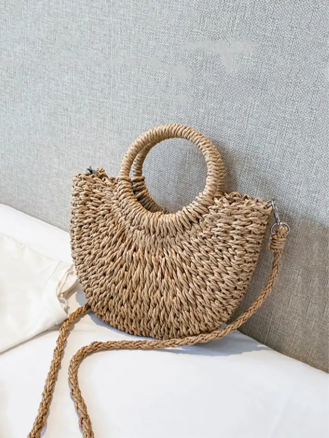 Natural Straw Woven Crossbody Shoulder Bag - Classic Handmade Small Purse with Handle, Daisy Decor, Breathable Bohemia Bag for Beach Days