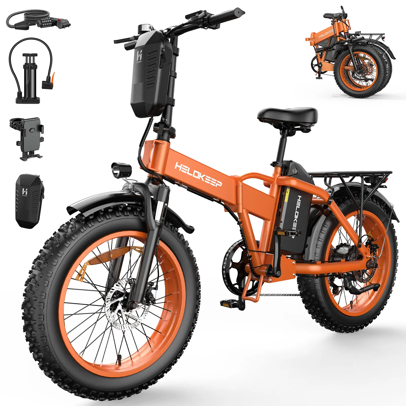 Vibrant Orange Quick Fold Portable All-Electric Bike - 1500W Top-Tier Motor (4000 RPM), 48V 25Ah (1200Wh) Safety-Certified Battery, 20x4.0 Fat Tires for Off-Road Ride, 7-Speed Shifting, Suspension Fork, Upgraded High-Efficiency Comfortable Seat