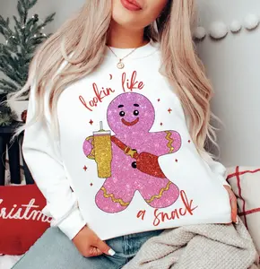 Pink Gingerbread man faux Glitter Christmas lights Sweatshirt, Holiday sequin top, Glitter Christmas Shirt, sequin xmas sweater