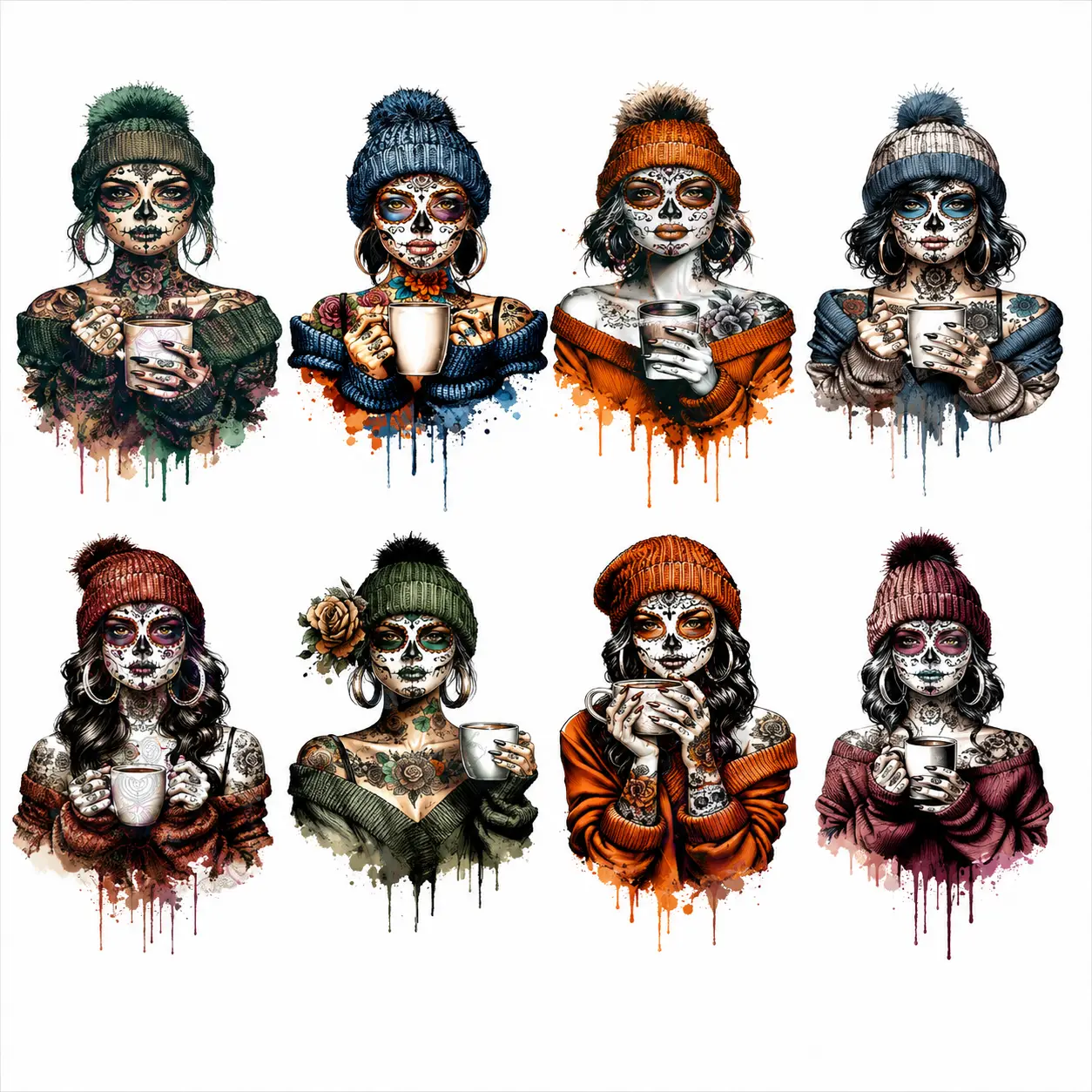 Sugar Skull Design DTF Heat Transfers Gangsheet - Goth, Vibrant Dia de Los Muertos DIY Craft Supplies for Specialty Projects, Works on Light and Dark Garments for Hoodies